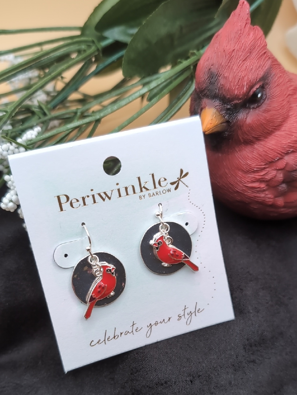 Periwinkle by Barlow Red Cardinal Drop Earrings On Silver Textured Circle NWT